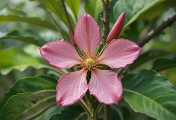 A close-up of a water apple flower with pink petals and a white center