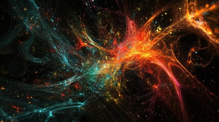 Abstract cosmic explosion with vibrant colors depicting energy and movement in a vast universe, showcasing intricate patterns and swirling designs in stunning detail.