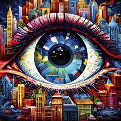 Fototapeta premium Illustration mosaic collage of an abstract detailed eye morphing into urban cityscape, AI generated