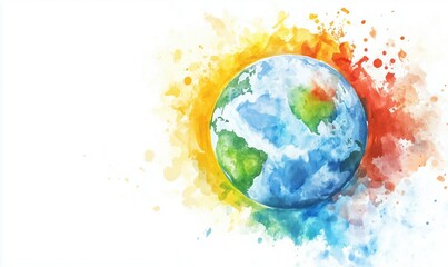 Naklejka premium Colorful watercolor illustration of Earth surrounded by vibrant splashes of color representing nature and life