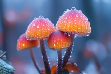 Colorful mushrooms glisten with dew in a misty forest during early morning hours