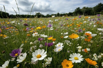 Obraz premium A vibrant field of wildflowers in full bloom with colorful blossoms of orange, white, and purple, under a cloudy summer sky, creating a cheerful and natural landscape