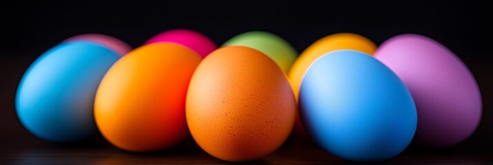 Brightly colored eggs arranged on a dark background, showcasing vibrant hues and textures, evoking festive cheer.