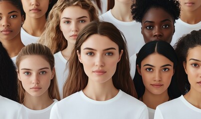 Obraz premium Diverse group of women showcasing beauty and unity, featuring various ethnicities, hair types, and skin tones, all wearing white shirts, standing closely together