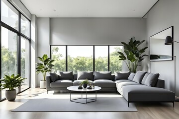 Fototapeta premium Render of a minimalist living room with clean lines and neutral tones, featuring a modern grey sofa, a single potted plant, and soft natural light streaming through large floor-to-ceiling windows, AI generated