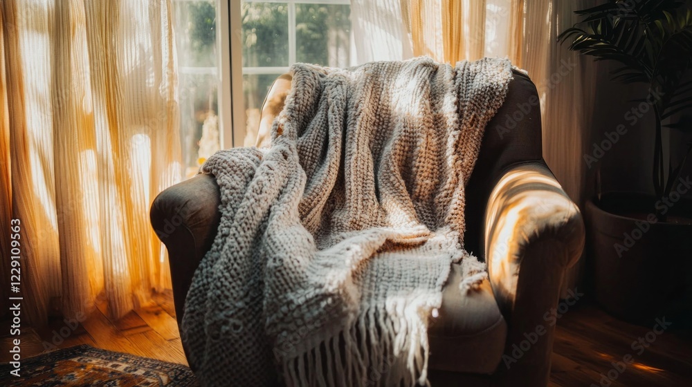Poster a soft, textured blanket rests gracefully on a chic couch, inviting warmth and relaxation. golden su