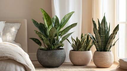 A contemporary indoor plant display with stylish planters and a neutral-toned background.