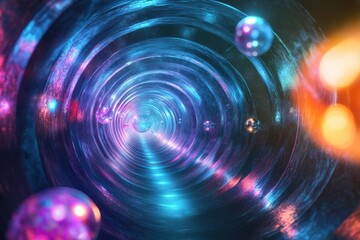 Obraz premium Spheres float in a tunnel illuminated by vibrant glowing rays of color, spheres in tunnel on glowing and colored rays lights background