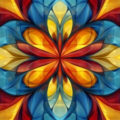 A colorful abstract geometric pattern featuring a symmetrical design with bold hues of blue, red, and yellow.