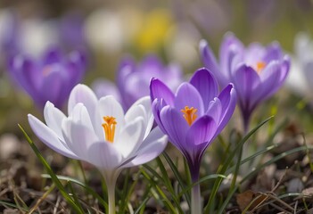View of blooming spring flowers crocus growing in wildlife