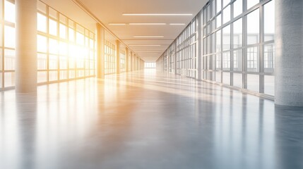 A corporate building hallway with smooth flooring, bright lights, and modern architecture.