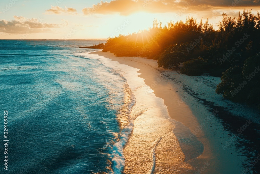 Poster aerial view captures serene sunset over tranquil beach with gentle waves and lush greenery, aerial c