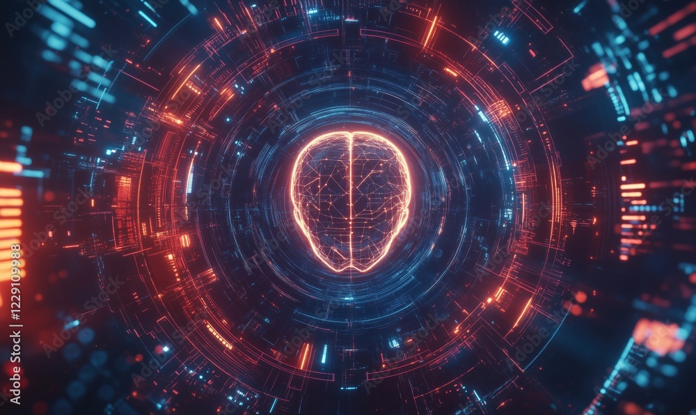 Poster Futuristic digital brain visualization with glowing neural connections and data streams, representing artificial intelligence and technology integration