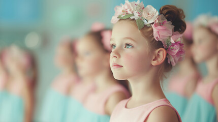 A young ballet dancer wearing a flower crown, standing gracefully with soft focus in the background, evoking innocence and elegance.