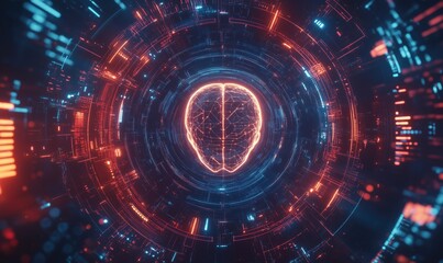Obraz premium Futuristic digital brain visualization with glowing neural connections and data streams, representing artificial intelligence and technology integration