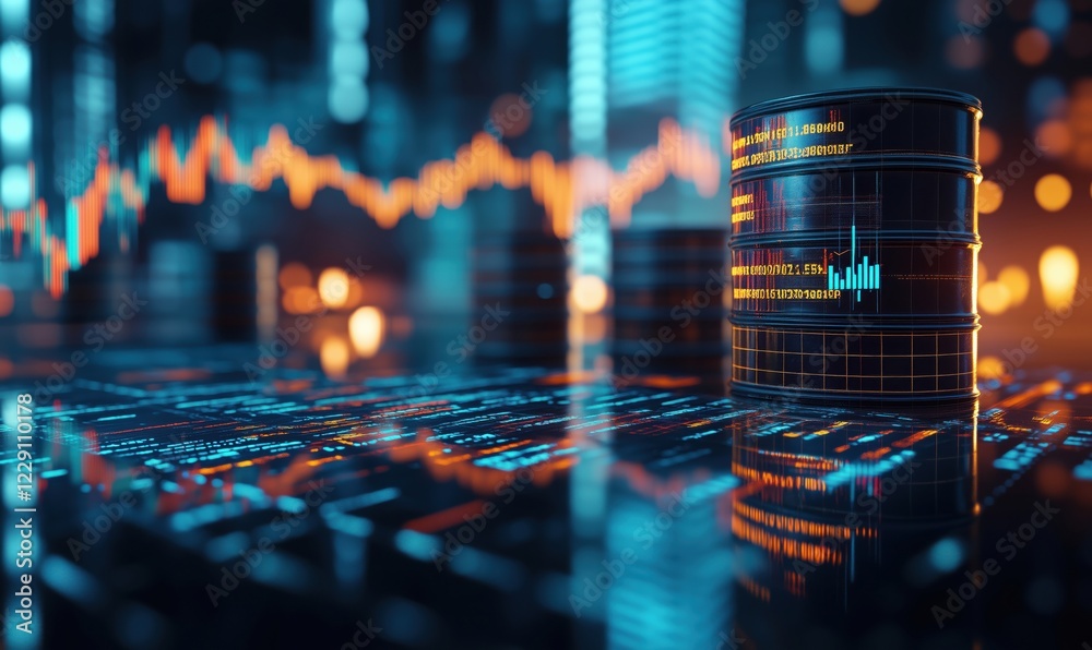 Poster data visualization with digital barrels representing data storage, financial graphs, and glowing cir