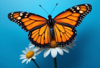 Fototapeta premium A monarch butterfly perched on a daisy flower against a blue background