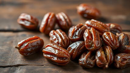 Obraz premium Tasty dried dates on wooden table, closeup. Space for text. Generative AI