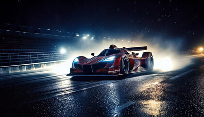Powerful Race Car Pierces the Night on a Wet Speedway