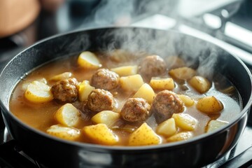 Stock photo of meatballs and potatoes being cooked on a stove