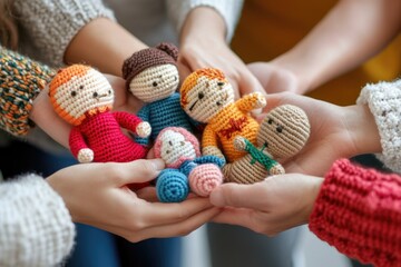 People hold handmade crocheted dolls, creative and cozy activity