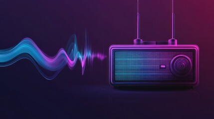Retro radio broadcasting sound waves, neon background