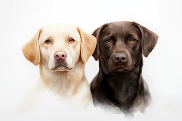 Portrait of Two Loyal Labrador Retrievers, One Yellow and One Black, Against a Soft White Background
