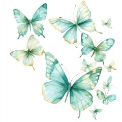 Obraz premium Watercolor pastel blue and teal colored butterflies, clipart, on a white background.