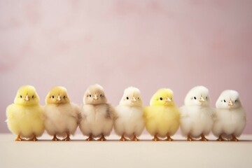 Fototapeta premium Small Easter chicks in a row on pastel pink studio background with copy space KI generiert, generiert AI generated