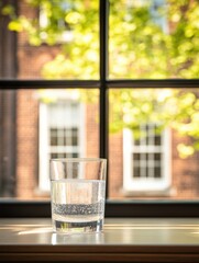 A glass of water sits on a table near a window, with sunlight streaming through and greenery visible outside.