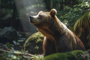Fototapeta premium A brown bear in a sunny forest, AI generated