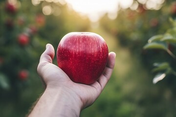 Hand holding red apple with blurry apple trees in background. KI generiert, generiert, AI generated