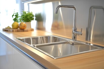A kitchen sink with a faucet next to it