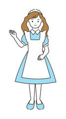 イラスト素材: イラスト素材:手を上げ案内するメイド風店員さん_全身