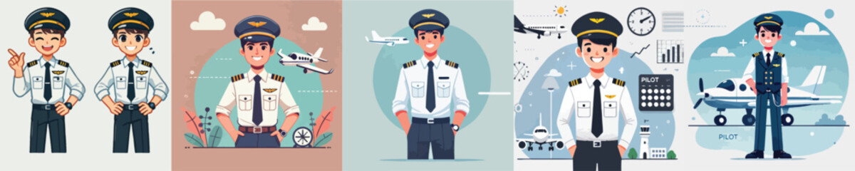 Set of smiling pilot character vectors