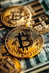 A stack of bitcoin coins sits atop a pile of paper money, symbolizing wealth and financial success