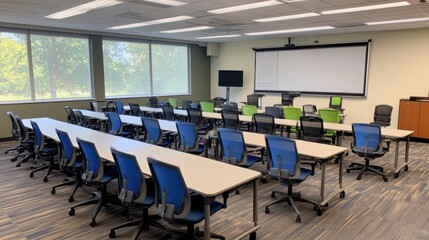 A formal conference room with neat rows of chairs and a clean whiteboard.