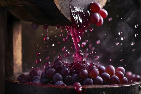 Grape cluster mid crush in a traditional wine press with dynamic flow of juice, AI generated