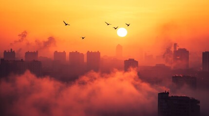 Fototapeta premium A stunning sunset view over an urban skyline, with birds gracefully flying against a warm golden sky, enveloped in soft fog and pastel clouds.