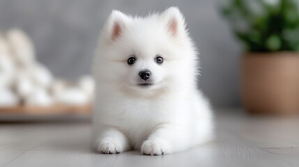 A fluffy white puppy rests on the floor, looking curious and adorable.