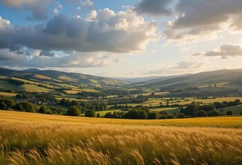 Obraz premium A picturesque view of a golden summer field and rolling hills in Scotland, with a small village in the distance.
