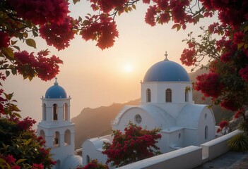 A traditional Greek Orthodox church with a blue dome and red bougainvillea flowers in the foreground during a misty sunrise.