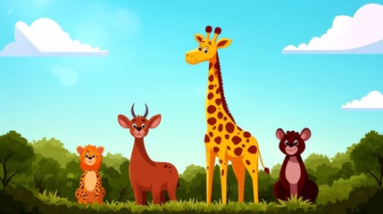 Colorful Cartoon Animals in a Vibrant Landscape