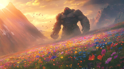 dramatic scene of a Juggernaut Titan amidst a rolling field of colorful wildflowers, with light rays illuminating the figure