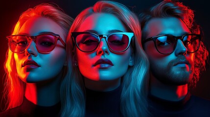 Obraz premium A creative studio photoshoot featuring cool individuals under dynamic neon lighting, perfect for modern advertising. 