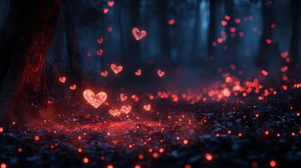 Fototapeta premium A mystical forest scene with glowing hearts and sparkles, evoking love and enchantment.