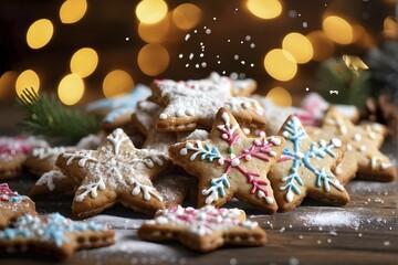 A detailed shot of Christmas cookies on a wooden table, featuring star-shaped cookies with colorful icing, sprinkles, and powdered sugar, AI generated