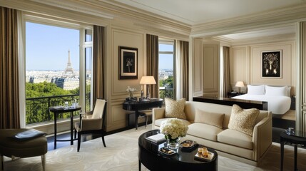 Fototapeta premium A high-end hotel suite with a modern, luxurious interior and elegant furniture arrangement.