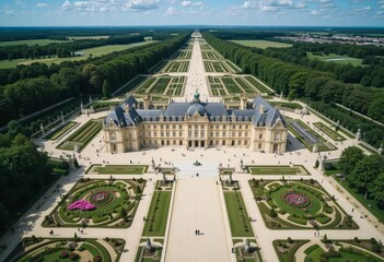 An aerial view of the Palace of Versailles with its grand gardens and surrounding area