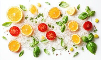 Vibrant Citrus and Fresh Basil Arrangement with Noodles, Tomatoes, and Olive Garnish